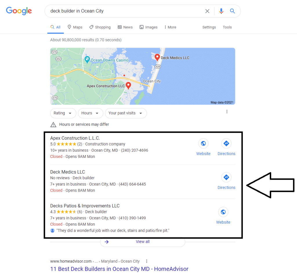 screen shot of Google's 3-Pack underneath Google Maps 